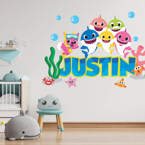 Personalized -Bright Colors-Baby Shark- Custom Name -Unisex-Wall Decal -Sticker for Bedroom Kids Art Decor Mural PN-SS.01