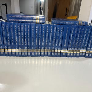 Może przedstawiać: Kolekcja niebieskich książek w twardej oprawie zatytułowanych "The New Book of Knowledge". Grzbiety mają złote litery i symbole. Książki ułożone są na białej powierzchni, niekt&oacute;re ułożone jeden na drugim. Kolekcja obejmuje tomy z lat 1992-2000.