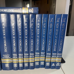 Może przedstawiać: Kolekcja niebieskich książek w twardej oprawie zatytułowanych "The New Book of Knowledge" i "Book of Knowledge". Grzbiety pokazują lata 1992-2000 oraz "Bartlett's Familiar Quotations". Książki są ułożone na p&oacute;łce.