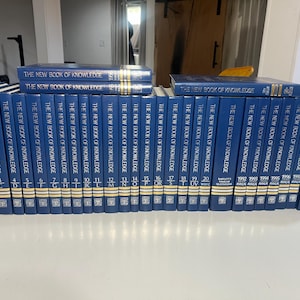 Może przedstawiać: Kolekcja niebieskich książek w twardej oprawie zatytułowanych "The New Book of Knowledge". Grzbiety prezentują złote litery i cyfry, tomy ułożone są na białej powierzchni. Zestaw zawiera tomy z lat 1992-2000.