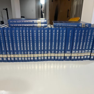 Może przedstawiać: Kolekcja niebieskich książek w twardej oprawie zatytułowanych "The New Book of Knowledge". Grzbiety mają złote litery i numerację. Książki ułożone są na białej powierzchni, niekt&oacute;re ułożone w stos.