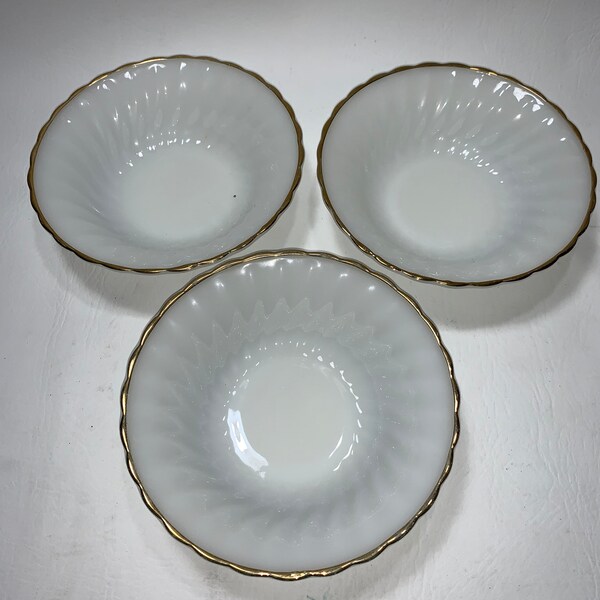 Set of 3 Vintage MCM Anchor Hocking Suburbia 6” Bowl Milk Glass With Gold Trim