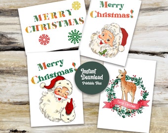 Printable Retro Santa and Reindeer Holiday Cards Set for Christmas
