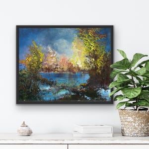 Autumn Contemporary Wall Art, Original Painting, Canvas or Fine Art Paper Prints, Tranquil Lake Autumn, Blue Yellow Orange White Wall Art