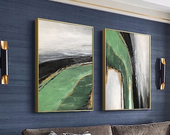 Original Green Nordic Minimalist Painting on Canvas Set of 2 Green Abstract Wall Art Gray White Minimalist Art Decor Set of 2 Green Painting