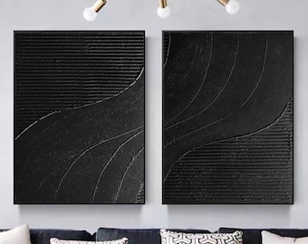 Large Black Wabi Sabi Canvas Painting Black Abstract Art Set of 2 Black Wall Art Black Minimalist Textured Painting Black Abstract Painting