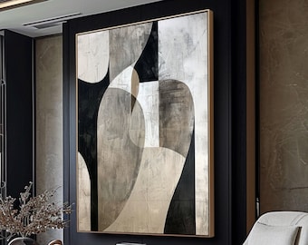 Large Beige Abstract Geometric Oil Painting Beige and Black Wabi Sabi Wall Art Modern Minimalist Canvas Painting Neutral Textured Wall Art