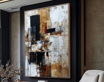 May include: Abstract painting with brown, black, and white geometric shapes on a canvas. The painting is hanging on a wall in a modern living room with a couch, coffee table, and armchair.