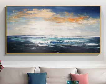 Sea canvas oil painting large seascape texture wall art abstract ocean waves painting blue sky cloud mural living room wall decor painting