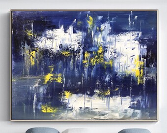 Large dark blue abstract painting white textured wall painting blue abstract canvas art modern minimalist painting living room wall decor