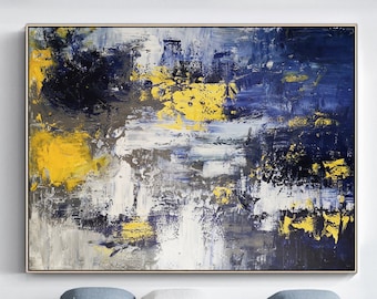 Original abstract wall art blue abstract painting gray white painting large textured canvas art blue abstract art modern bedroom wall decor