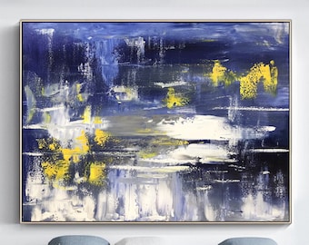 Pintura abstracta azul oscuro original arte de pared con textura blanca arte de lienzo abstracto azul grande pintura minimalista moderna arte de pared de sala de estar