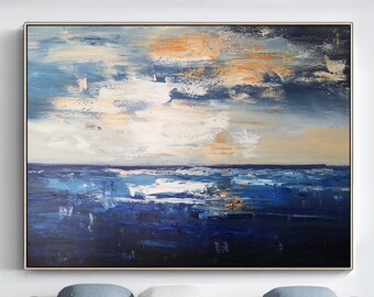 Blue ocean textured painting large sea abstract oil painting original sky and sea canvas painting large living room wall art home decor