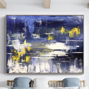 Original dark blue abstract painting white textured wall art large blue abstract canvas art modern minimalist painting living room wall art