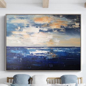 Blue ocean textured painting large sea abstract oil painting original sky and sea canvas painting large living room wall art home decor