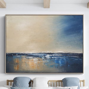 Original sea abstract oil painting large sky and ocean painting blue ocean canvas painting beige sky landscape painting living room wall art