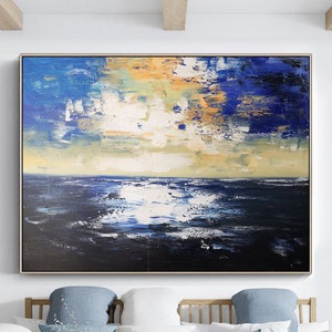 キャンバスに描かれた大きな青い海の抽象画、白い波のテクスチャー画、オリジナルの空の風景画、夕焼けの絵、雲の絵