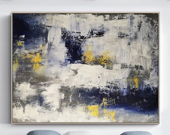 Large gray white abstract painting gray white wall art decor original gray white textured canvas painting dark blue canvas wall art painting