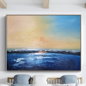 青い海の波の風景油絵 キャンバスに描かれた夕焼けの海の壁 青い海の波の風景油絵 キャンバスに描かれた夕焼けの海の壁
