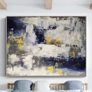 Large gray white abstract painting gray white wall art decor original gray white textured canvas painting dark blue canvas wall art painting