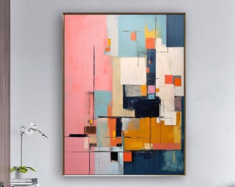 May include: Abstract geometric painting with a pink, blue, yellow, orange, and white colour scheme. The painting is framed in a gold frame and is hanging on a white wall.