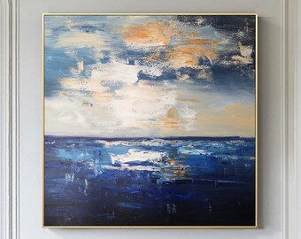 青い海の波の風景油絵 キャンバスに描かれた夕焼けの海の壁 青い海の波の風景油絵 キャンバスに描かれた夕焼けの海の壁