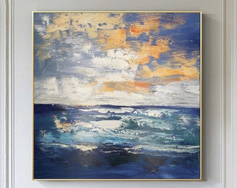 Large Sea and Sky Abstract Oil Painting Blue Ocean Waves Textured Wall Art Sunset Landscape Painting White Cloud Painting Modern Home Decor