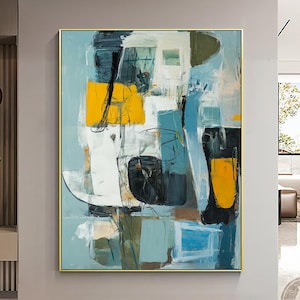 Light Blue Abstract Canvas Oil Painting Large Textured Wall Art Modern Blue Minimalist Wall Art Colorful Geometric Abstract Art Decor