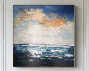 Original Abstract Seascape Oil Painting on Canvas Sunset Sky Landscape Acrylic Painting Abstract Blue Ocean Landscape Painting Home Decor