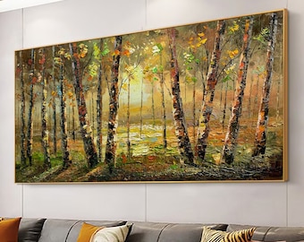 Palette Knife Autumn Birch Tree Painting, 3D Abstract Forest Art