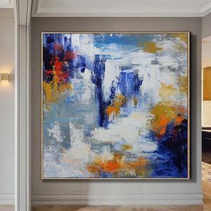 Original Blue and White Abstract Landscape Oil Painting Modern Waterfall Abstract Art White Textured Canvas Art Living Room Wall Art Decor