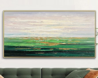 Large green landscape painting beige sky painting green abstract wall art green textured wall art natural acrylic painting living room decor