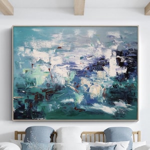 Green Abstract Oil Painting on Canvas Blue & Green Hand-Painted Abstract Art Green Textured Wall Art Modern Green Wall Decor for Living Room