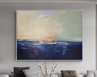Arte de pared de océano azul grande, pintura abstracta de mar azul, pintura de paisaje de cielo gris, pintura abstracta de océano original, pintura de paisaje de puesta de sol