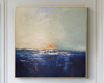 Blue Seascape Abstract Oil Painting on Canvas Beige Sky Landscape Painting Sunset Ocean Waves Textured Wall Art Living Room Wall Decor