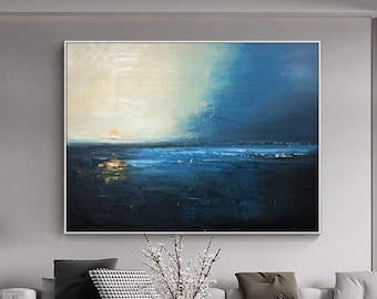 Pintura abstracta de océano azul grande, pintura de paisaje de atardecer de océano, pintura de cielo azul, pintura de océano, pintura de playa, arte de pared de sala de estar