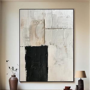 Large Creamy Minimalist Painting Beige 3D Texture Wall Art Modern Wabi Sabi Wall Art Black Abstract Canvas Oil Painting Neutral Art Decor