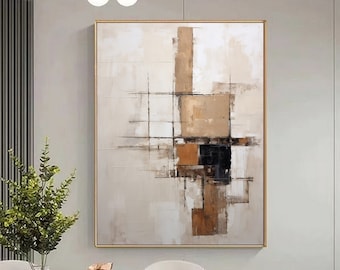 Könnte beinhalten: Abstraktes Gemälde mit geometrischen Formen in Braun-, Beige- und Schwarztönen auf weißem Hintergrund. Das Gemälde ist in einem goldenen Rahmen gerahmt und hängt an einer Wand in einem modernen Esszimmer.