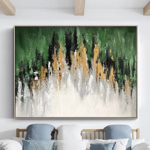 Green Abstract Landscape Oil Painting Gray White Minimalist Textured Canvas Art Green Forest Painting on Canvas Gold Textured Painting