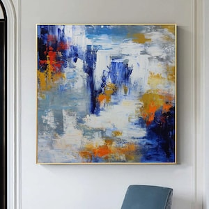 Blue and White Abstract Painting on Canvas Large Waterfall Landscape Wall Art Modern Blue Minimalist Abstract Art White Textured Wall Art
