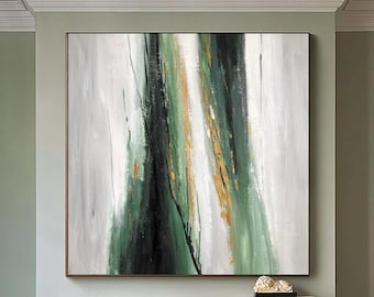 Large Gray White Minimalist Abstract Painting Green Abstract Canvas Art Green Textured Wall Art Modern Minimalist Living Room Wall Decor