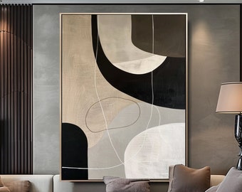 Large Beige Abstract Geometric Wall Art Modern Minimalist Wabi Sabi Wall Art Neutral Geometric Line Art Decor Creamy Beige Textured Painting