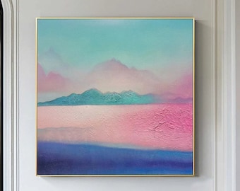 Pink Minimalist Abstract Landscape Painting Blue Sky Oil Painting Pink Cloud Wall Art Pink Ocean Beach Abstract Art Minimalist Textured Art