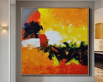 Original orange abstarct painting yellow abstract art red painting modern minimalist wall art large textured painting black painting