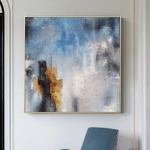 Blue and Gray Abstract Painting on Canvas Modern Wabi Sabi Wall Art Blue Minimalist Abstract Art Gray Textured Wall Art for Living Room