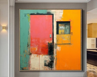 Orange & Pink Abstract Canvas Painting, Geometric Textured Wall Art