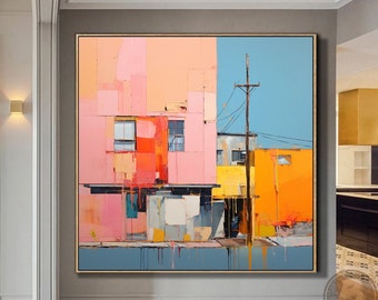 Pink Abstract Building Painting Blue Abstract Wall Art Large Minimalist Abstract Street Landscape Painting Modern Textured Wall Art