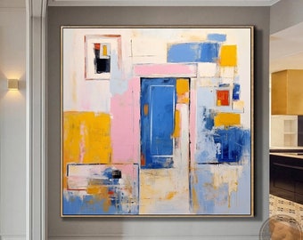 Pintura al óleo abstracta minimalista azul y blanca, Arte de lienzo abstracto azul, Arte de pared Wibi Sabi abstracto blanco beige, Arte de pared con textura grande