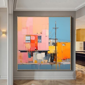 Pink Abstract Building Painting Blue Abstract Wall Art Large Minimalist Abstract Street Landscape Painting Modern Textured Wall Art