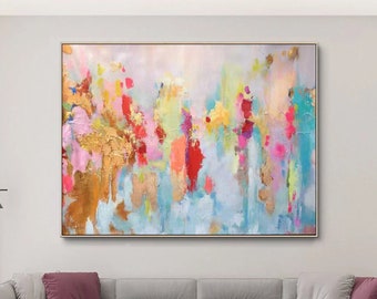 Large Abstract Oil Painting Original Gold Abstract painting on Canvas,Gold Leaf Painting,Blue Painting,Gold Textured Painting,Pink Painting